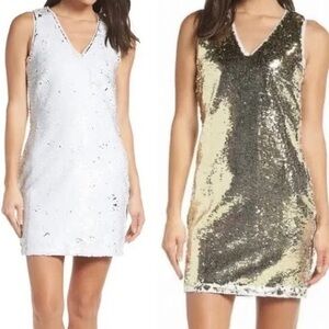 Foxiedox White & Gold V-neck sequin dress, new with tags size XS/2